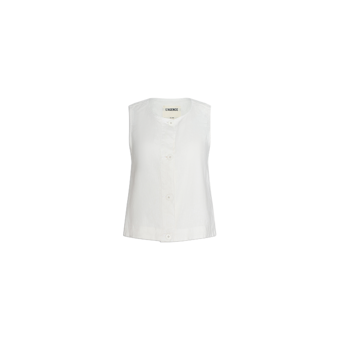 The Foster Linen Top is a sleeveless white button-up blouse featuring a V-neck collar and an A-line silhouette, displayed on a plain white background—a stylish summer top perfect for warm weather.
