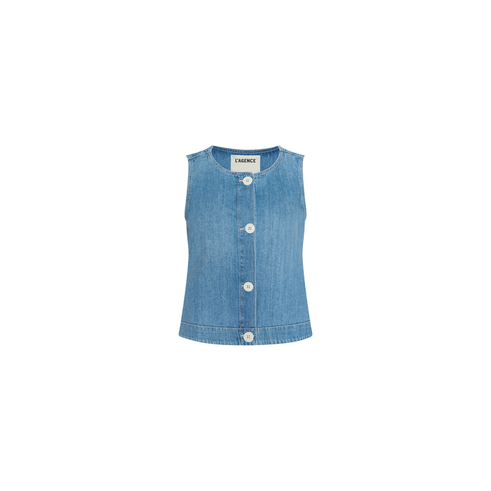 The Foster Top is a sleeveless light blue denim vest crafted from featherweight denim, featuring large white buttons down the front, a round neckline, and a slightly flared hem for an elegant A-line silhouette, displayed on a plain white background.