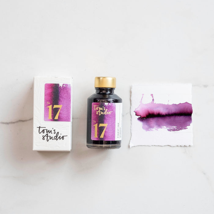 Tom's Studio Damson Fountain Pen Ink – featuring the packaging, bottle and a swatch on paper