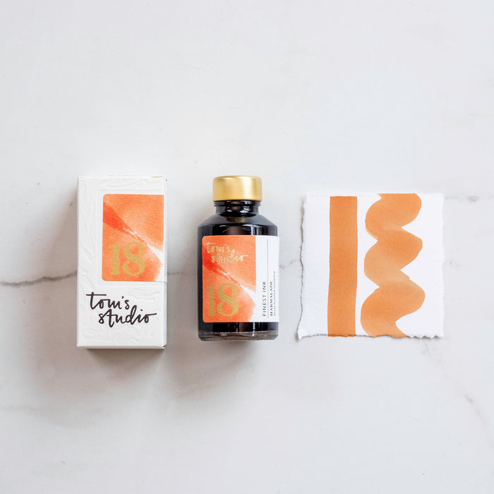Tom's Studio Marmalade Fountain Pen Ink – featuring the packaging, bottle and a swatch on paper