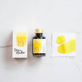 Tom's Studio Lemon Yellow Fountain Pen Ink – featuring the packaging, bottle and a swatch on paper
