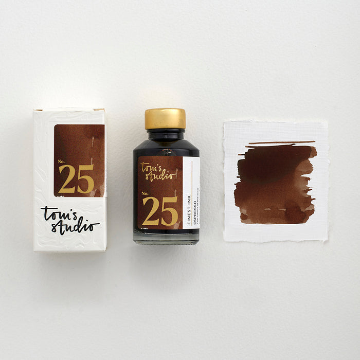 Tom's Studio Espresso Fountain Pen Ink – featuring the packaging, bottle and a swatch on paper