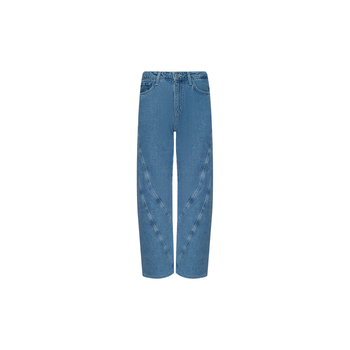Frasier Rodeo Jean — High-rise, wide-leg blue jeans with a distinctive V-shaped seam pattern on the front, featuring standard pockets and belt loops. Displayed against a plain white background.