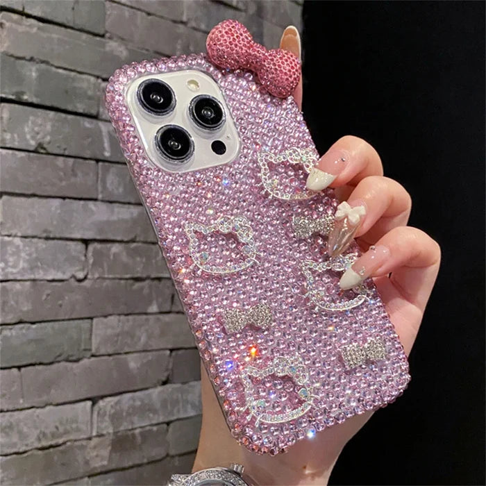 Full Diamond Glitter Hello Kitty Face Pink Bow Phone Case PhoneShells