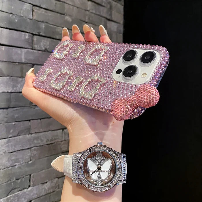 Full Diamond Glitter Hello Kitty Face Pink Bow Phone Case PhoneShells