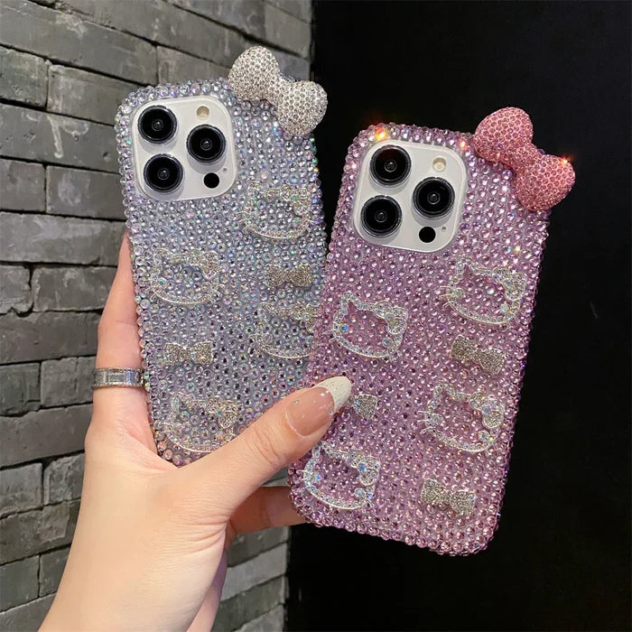 Full Diamond Glitter Hello Kitty Face Pink Bow Phone Case PhoneShells