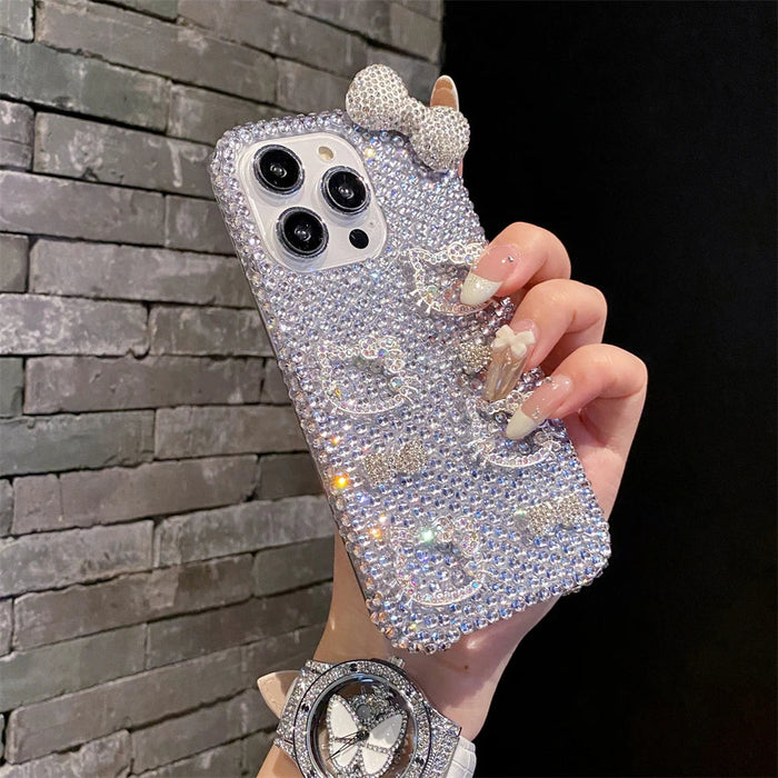 Full Diamond Glitter Hello Kitty Face Pink Bow Phone Case PhoneShells