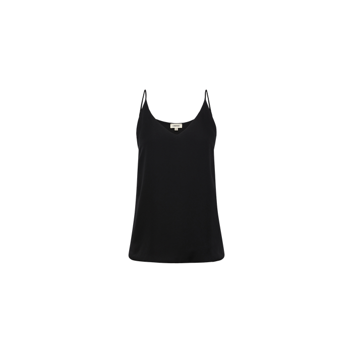 The Gabriella Silk Camisole is a sleek black piece with thin spaghetti straps, perfect for layering, shown against a plain white background.
