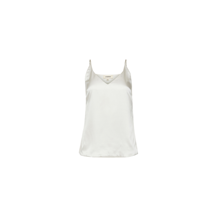 The Gabriella Silk Camisole, crafted in ivory silk with a slim fit and thin straps, is showcased against a plain white background.