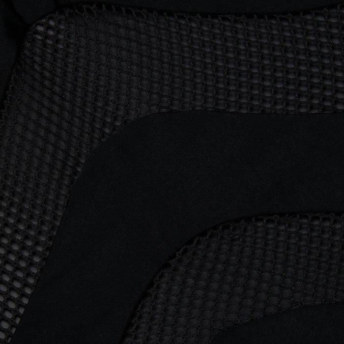 Close-up of the Gabrielle One-Piece Swimsuit in black, featuring a textured hexagonal pattern next to smooth fabric—highlighting its UPF 50 protective swimwear design.