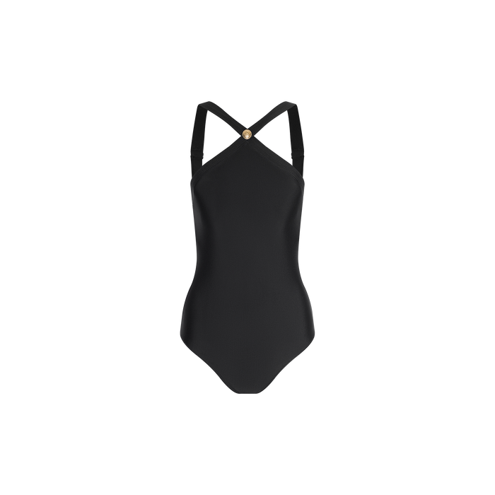 The Gabrielle One-Piece Swimsuit features a sleek black design with crossed shoulder straps and a small gold circular accent at the center of the back, showcased on a plain white background. This minimalist swimsuit blends classic style with contemporary details for an elegant, refined look.