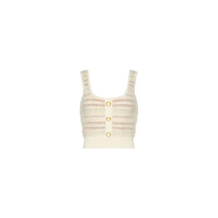 The Galene Tank is a cream-colored cropped knit tank featuring wide straps, decorative buttons along the front, and a subtle horizontal stripe pattern in light pink and beige tones. The garment is shown against a white background.