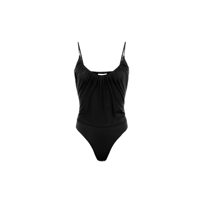 The Gelina Mesh Bodysuit, shown on a plain white background, features thin adjustable straps and a gathered scoop neckline in black.