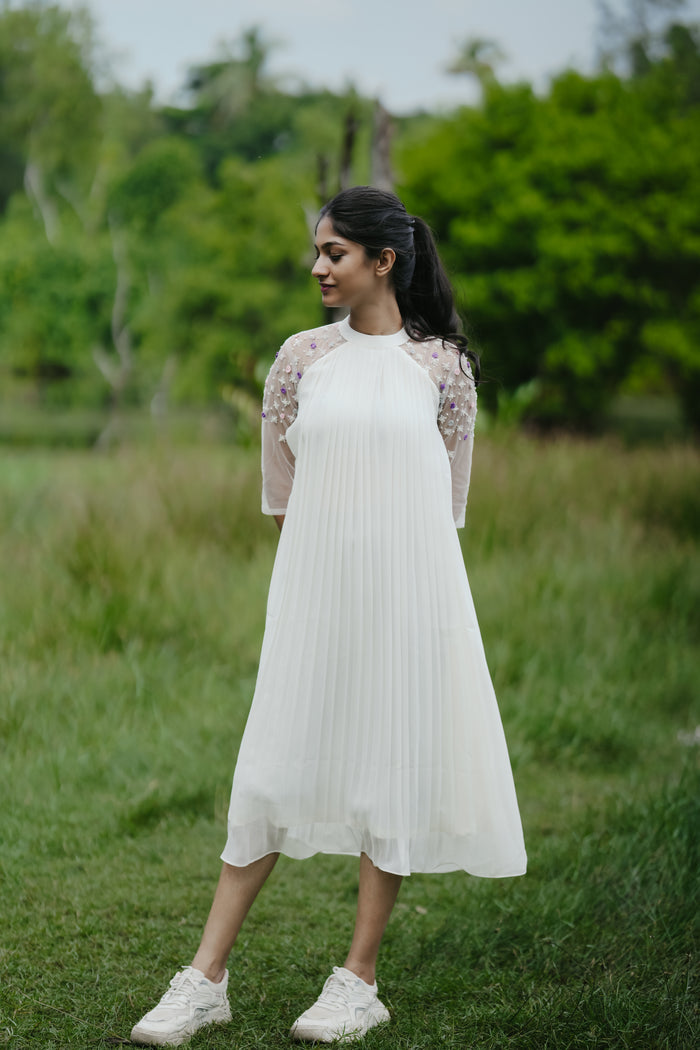 Off-white georgette partywear A-line kurti with collar neck and heavy handworked net sleeves MBS-268 **Ready to dispatch**