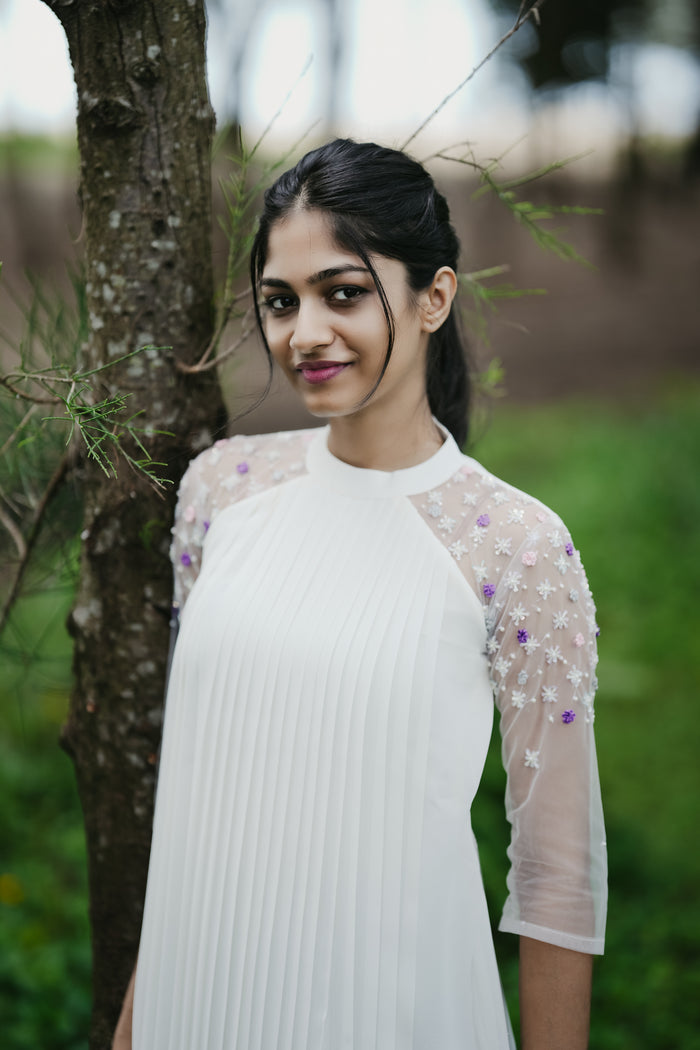 Off-white georgette partywear A-line kurti with collar neck and heavy handworked net sleeves MBS-268 **Ready to dispatch**