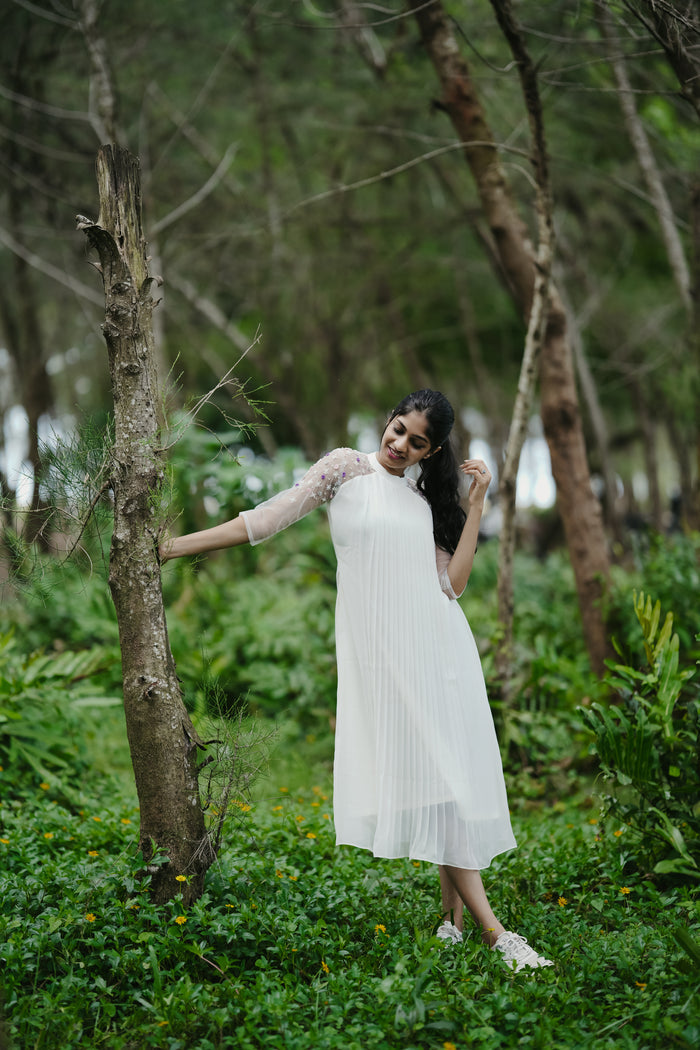 Off-white georgette partywear A-line kurti with collar neck and heavy handworked net sleeves MBS-268 **Ready to dispatch**