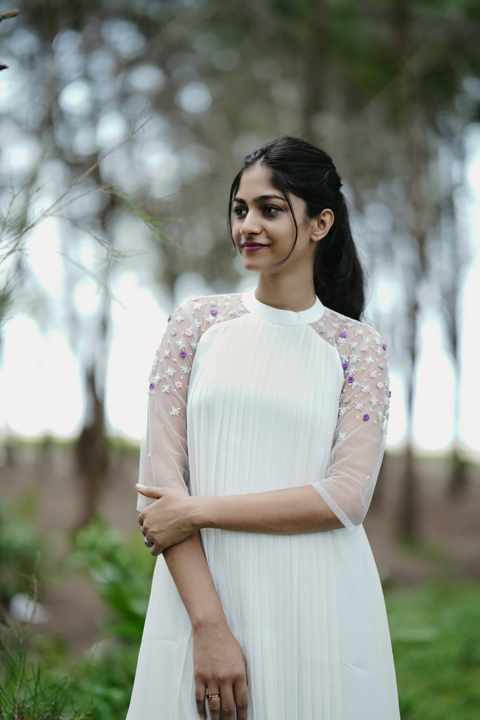 Off-white georgette partywear A-line kurti with collar neck and heavy handworked net sleeves MBS-268 **Ready to dispatch**
