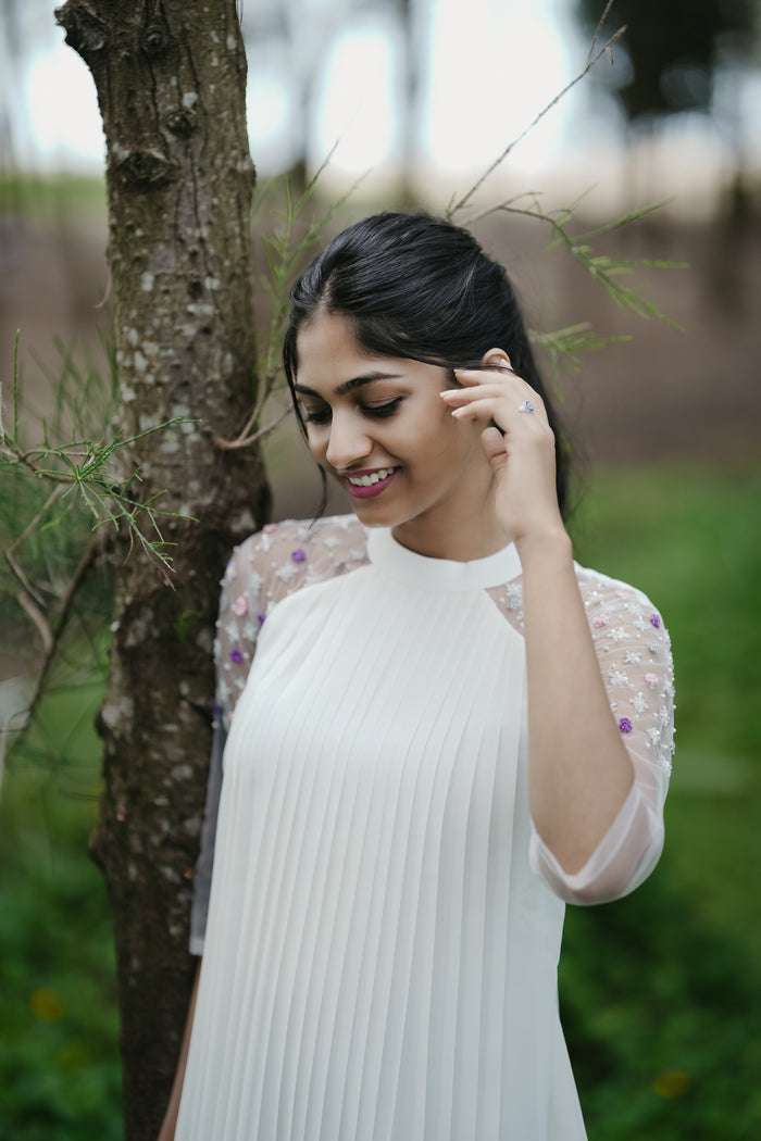 Off-white georgette partywear A-line kurti with collar neck and heavy handworked net sleeves MBS-268 **Ready to dispatch**