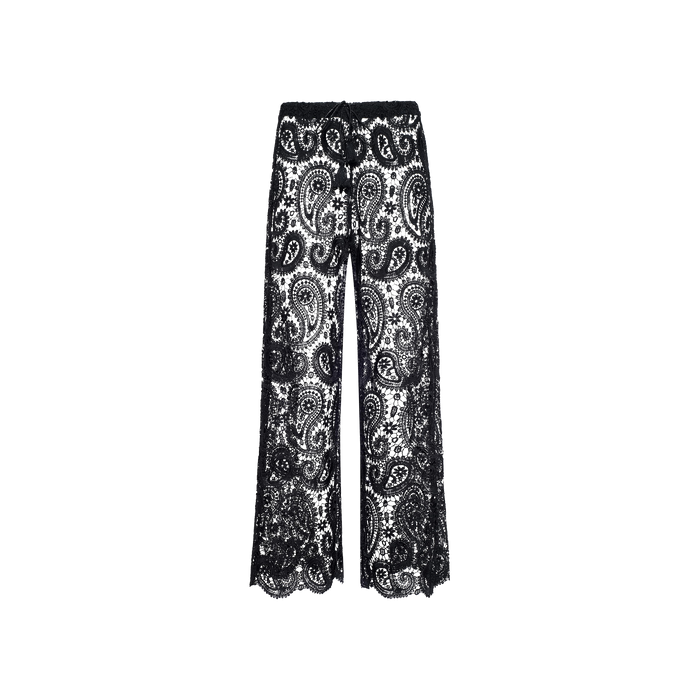 Geraldine Cover-Up Pant featuring a black wide-leg bohemian style with a paisley crochet pattern, sheer sections, and scalloped hems, displayed on a plain white background.