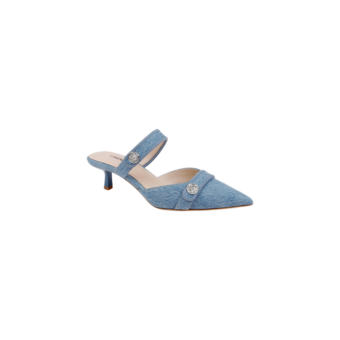 Introducing the Gilliane Denim Mule—a chic light blue denim shoe featuring a pointed toe, low kitten heel, and two silver decorative buttons on the strap and upper. Designed for comfort with a memory foam insole, this stylish mule is showcased against a plain white background.