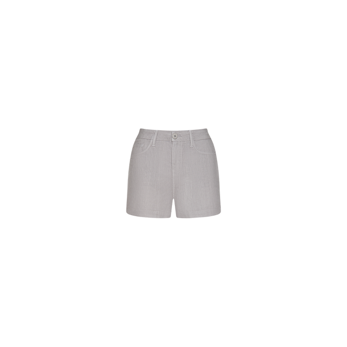 The Gina Linen Short in light gray features a high-rise fit, front pockets, belt loops, and a button closure. Crafted from breathable linen for comfort and style, these shorts are displayed against a plain white background.