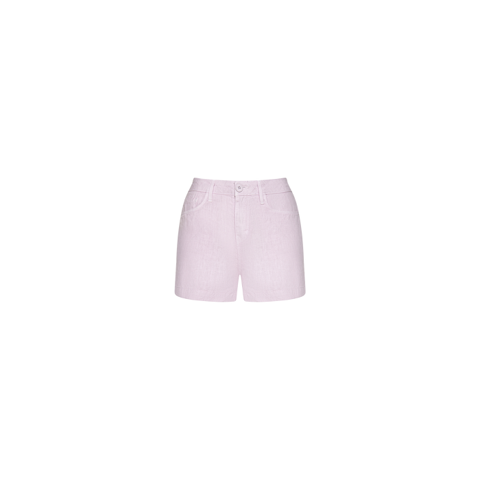 Gina Linen Short in light pink with a high-rise fit, featuring front pockets and a button closure, displayed on a plain white background.