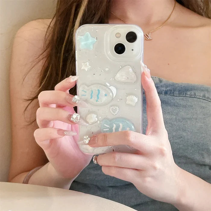 Glitter 3D Fish Crystal Silver Foil Epoxy Phone Case PhoneShells