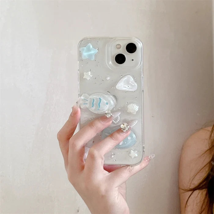 Glitter 3D Fish Crystal Silver Foil Epoxy Phone Case PhoneShells