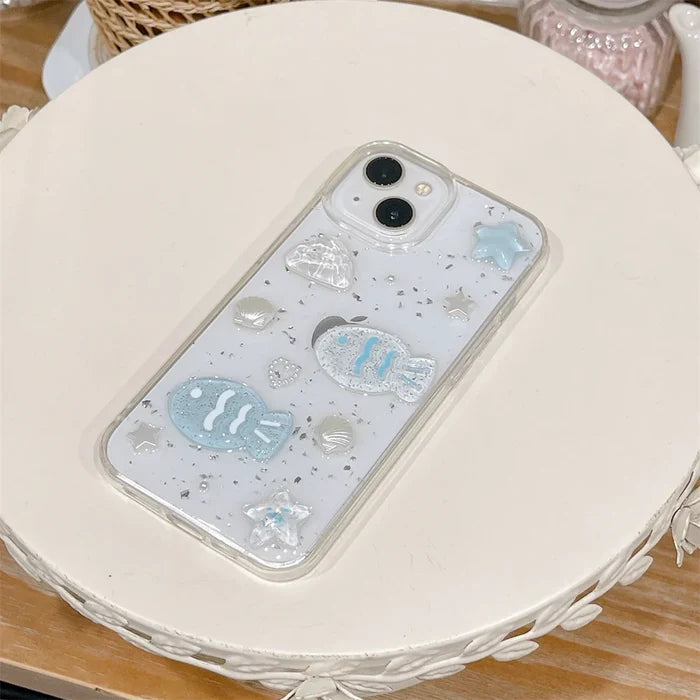 Glitter 3D Fish Crystal Silver Foil Epoxy Phone Case PhoneShells