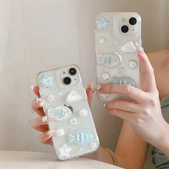 Glitter 3D Fish Crystal Silver Foil Epoxy Phone Case PhoneShells