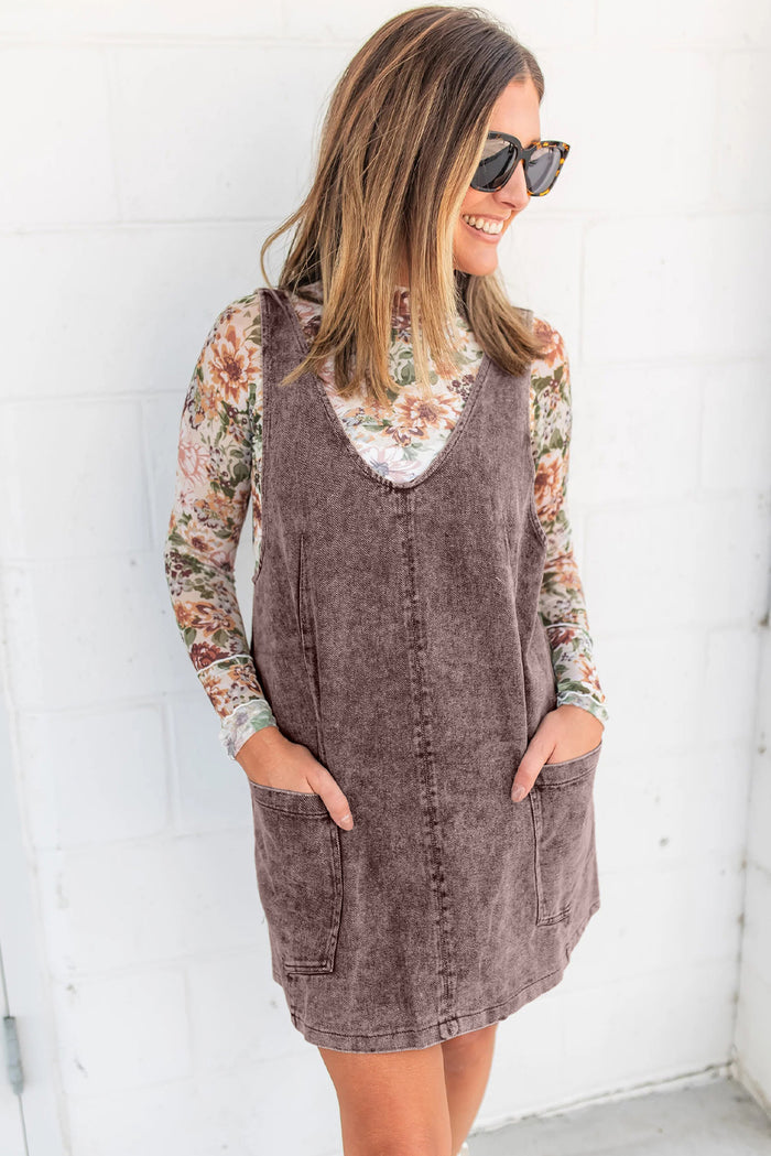 Goat Vintage Washed Denim V Neck Suspender Mini Dress Shewin