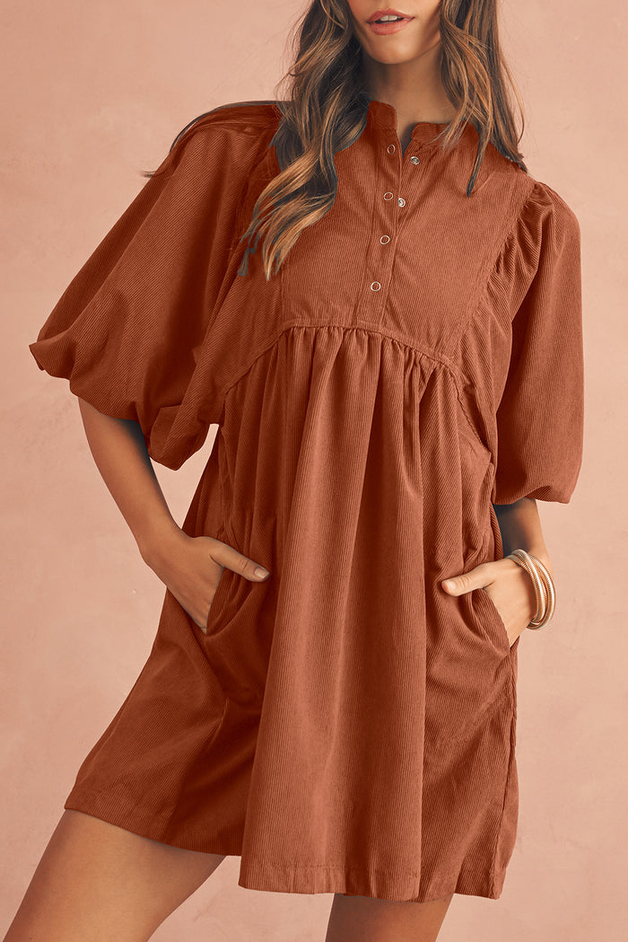 Gold Flame Light Snap Button Empire Waist Lantern Sleeve Corduroy Dress Shewin