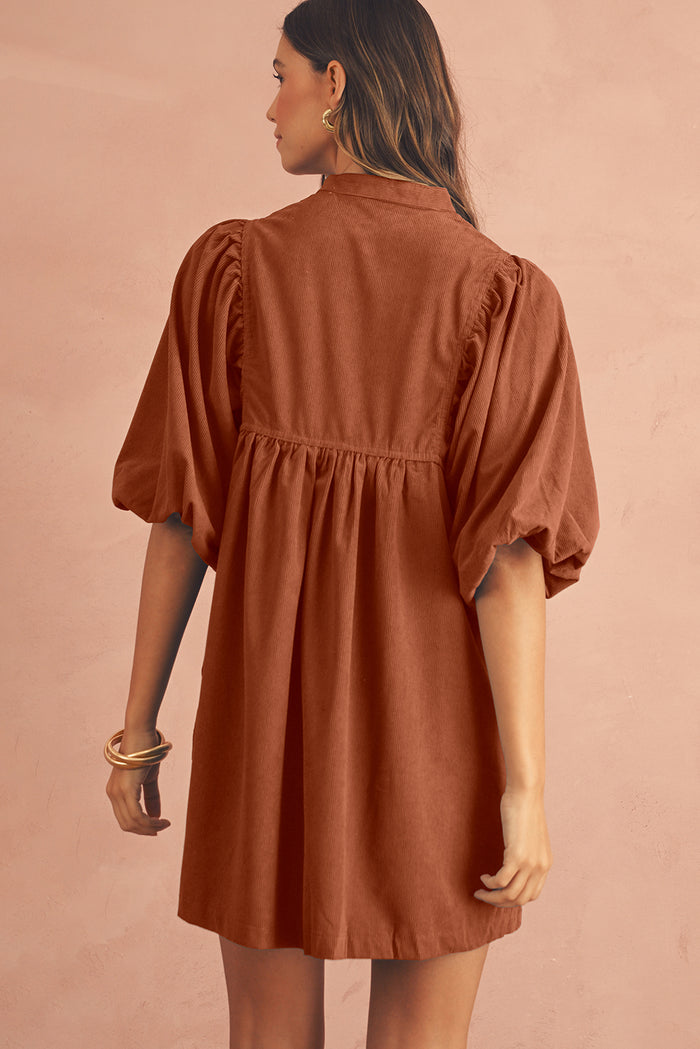 Gold Flame Light Snap Button Empire Waist Lantern Sleeve Corduroy Dress Shewin