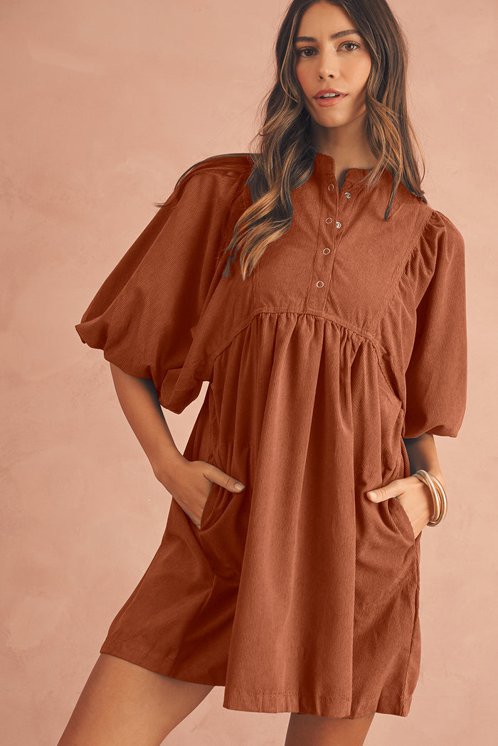 Gold Flame Light Snap Button Empire Waist Lantern Sleeve Corduroy Dress Shewin