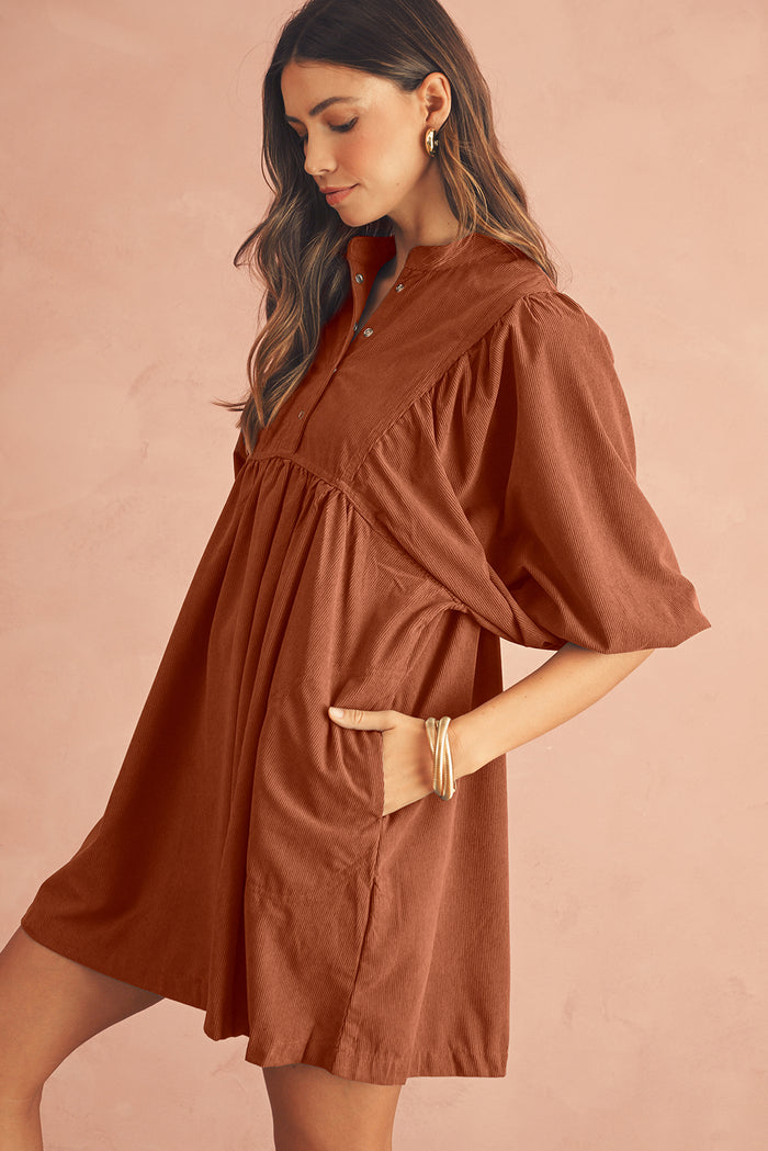 Gold Flame Light Snap Button Empire Waist Lantern Sleeve Corduroy Dress Shewin