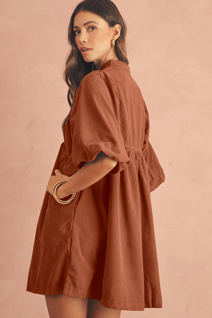 Gold Flame Light Snap Button Empire Waist Lantern Sleeve Corduroy Dress Shewin