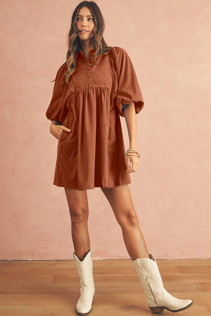Gold Flame Light Snap Button Empire Waist Lantern Sleeve Corduroy Dress Shewin