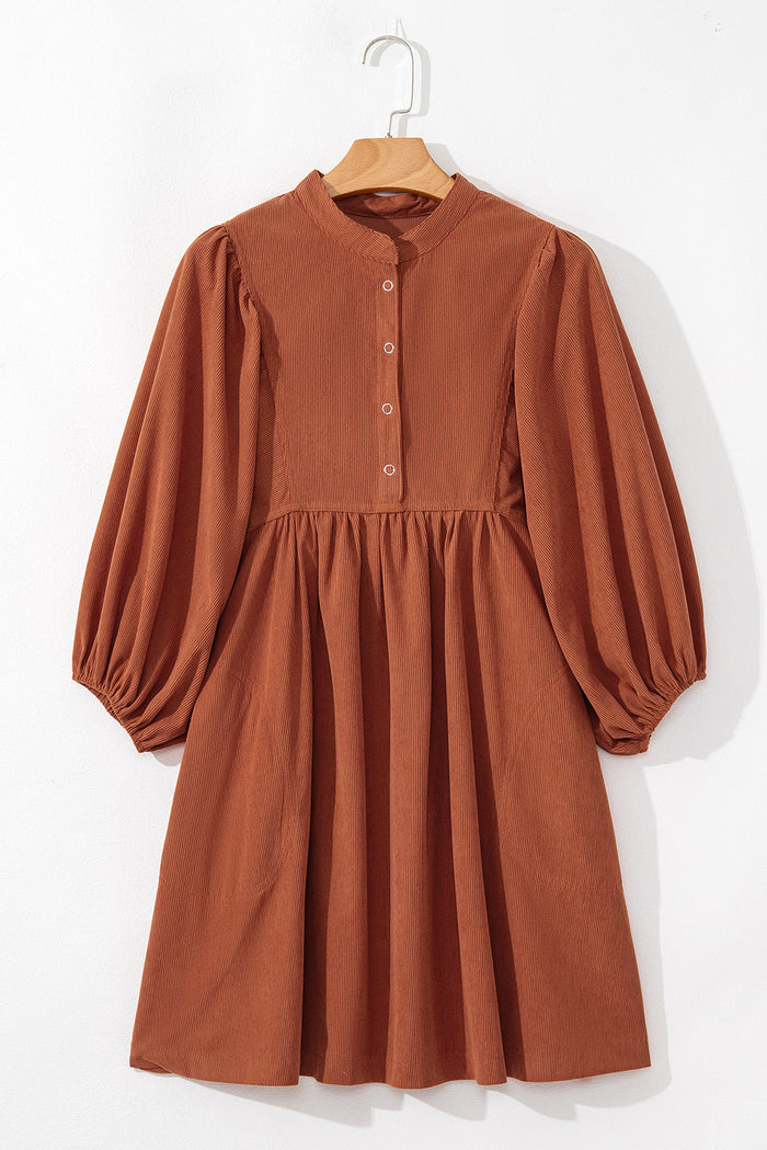 Gold Flame Light Snap Button Empire Waist Lantern Sleeve Corduroy Dress Shewin