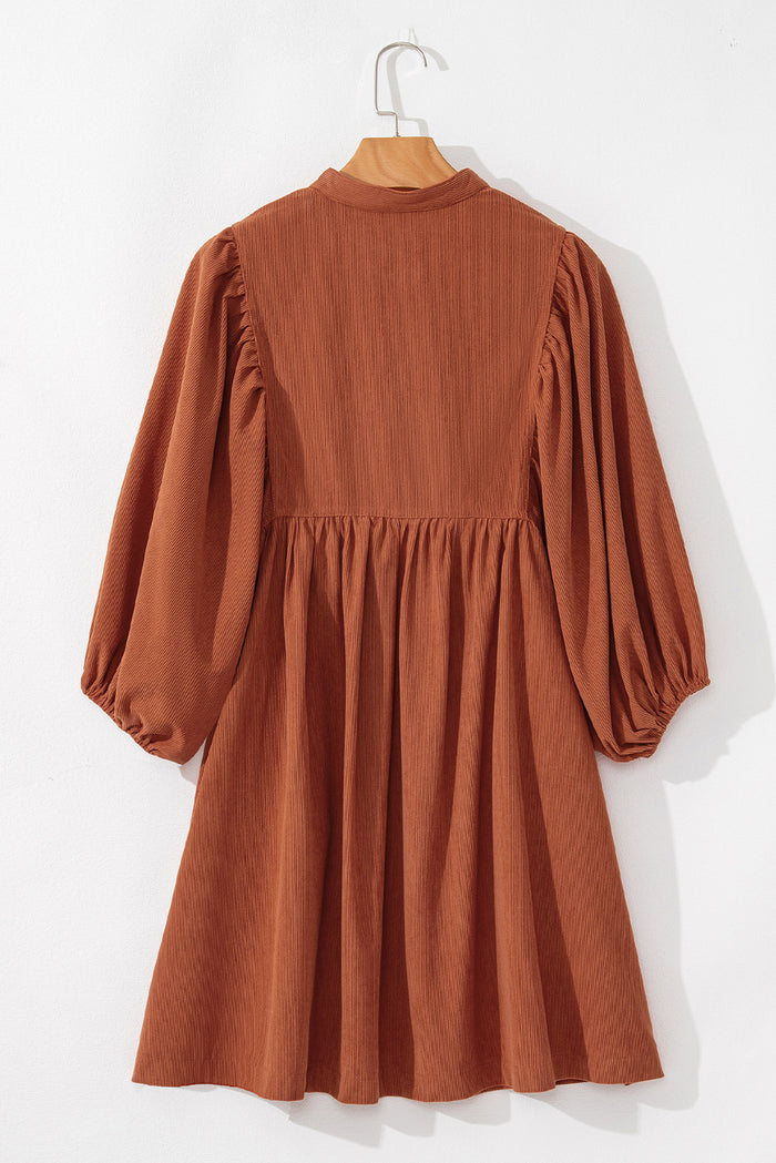 Gold Flame Light Snap Button Empire Waist Lantern Sleeve Corduroy Dress Shewin