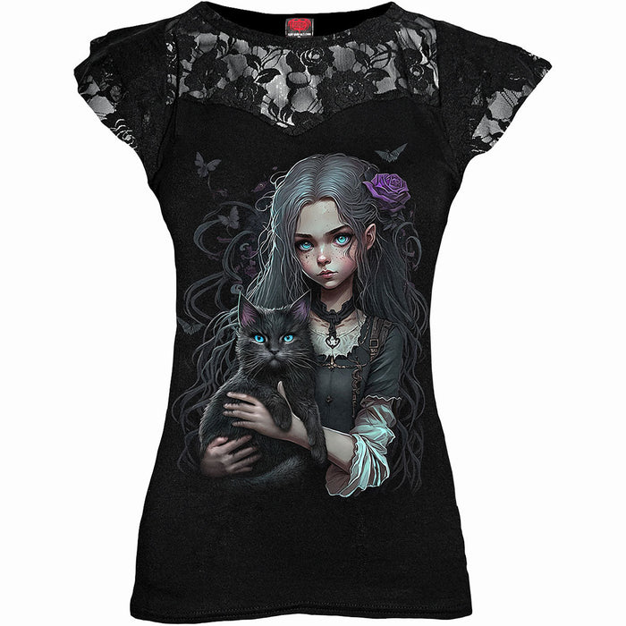 GOTH FAMILIAR - Lace Layered Cap Sleeve Top Black Spiral USA