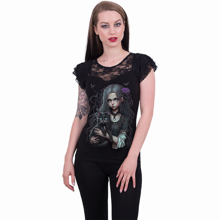 GOTH FAMILIAR - Lace Layered Cap Sleeve Top Black Spiral USA