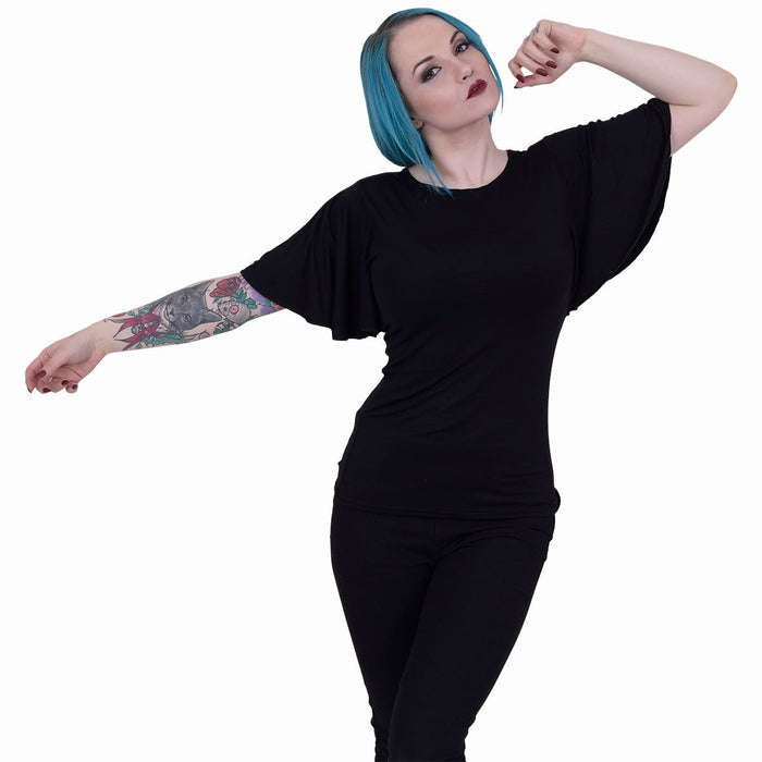 GOTHIC ELEGANCE - Boat Neck Bat Sleeve Top Black Spiral USA