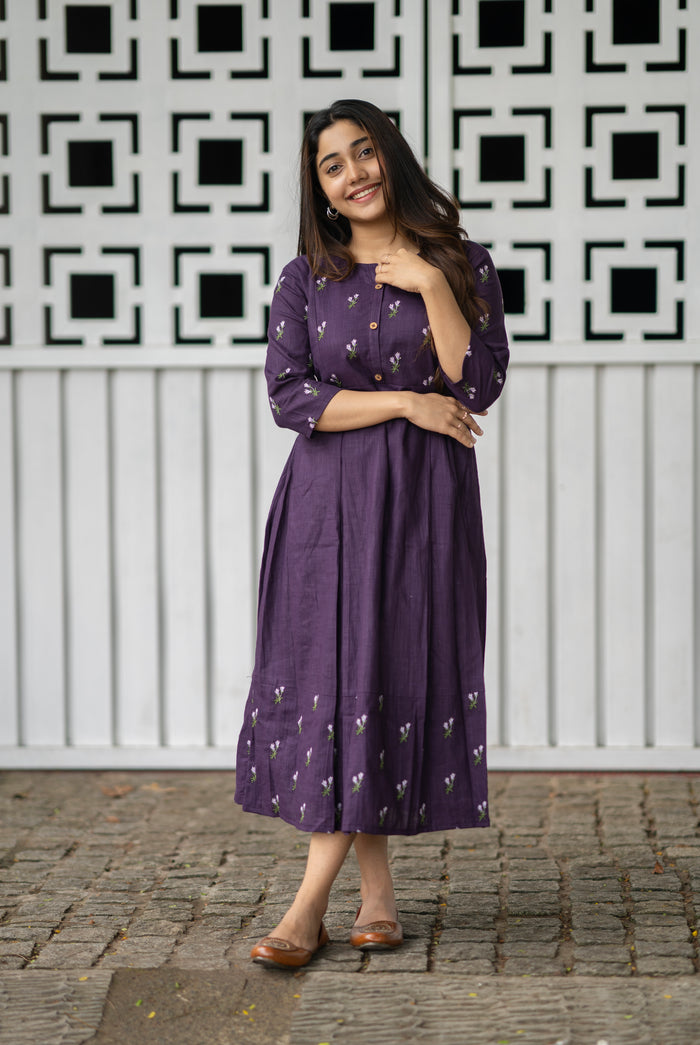 Grape purple shaded cotton slub kurti/ dress with floral thread embroidery detailings MBS-465