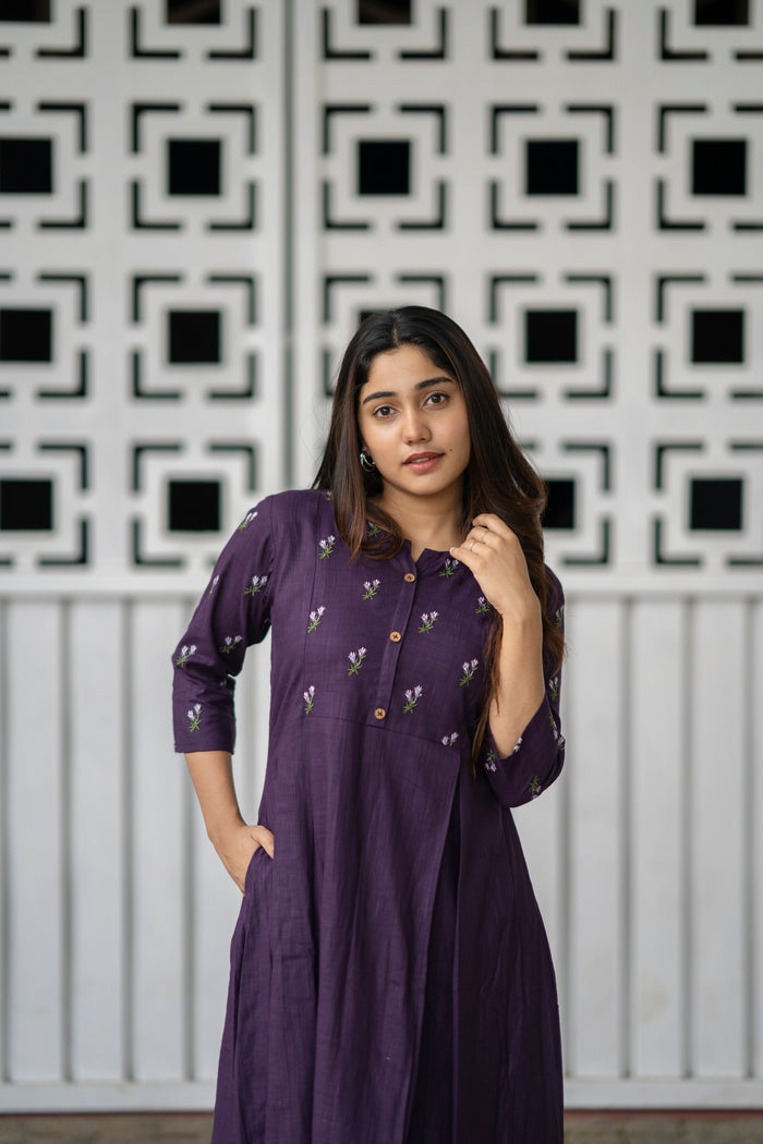 Grape purple shaded cotton slub kurti/ dress with floral thread embroidery detailings MBS-465