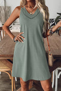 Grass Green Solid Color Lace Detail V Neck Sleeveless Shift Mini Dress Shewin