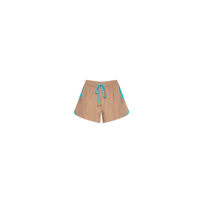 The Grayson Nylon Short is crafted from water-repellent crepe nylon in beige and features blue trim and a blue drawstring, with side pockets detailed in blue. The shorts are shown against a plain white background.