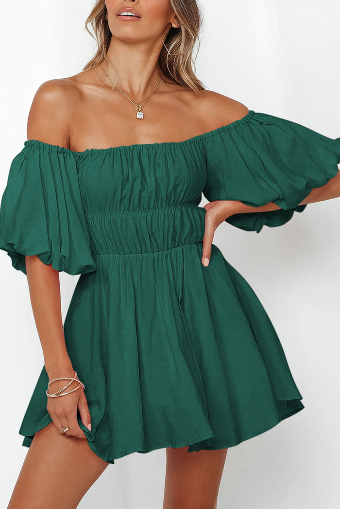 Green-2 Solid Color Shirred Bubble Sleeve Off Shoulder Babydoll Dress Shewin
