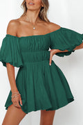 Green-2 Solid Color Shirred Bubble Sleeve Off Shoulder Babydoll Dress Shewin