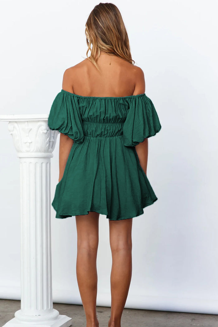Green-2 Solid Color Shirred Bubble Sleeve Off Shoulder Babydoll Dress Shewin
