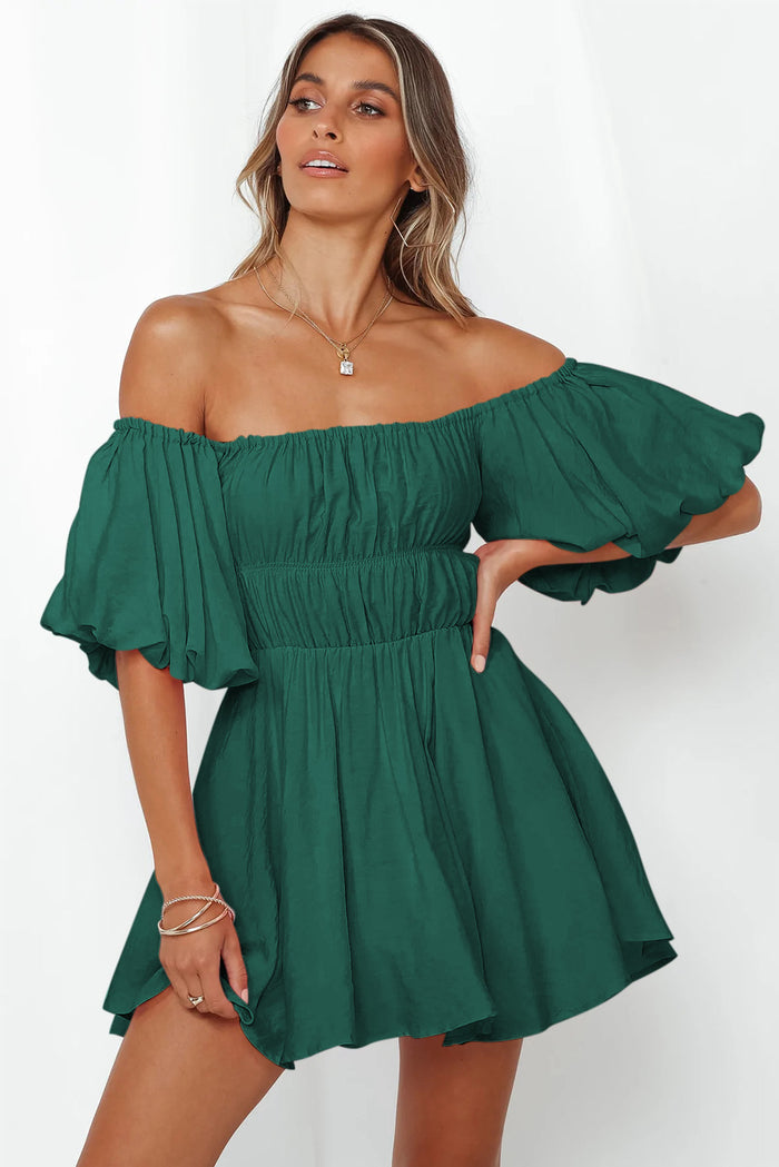 Green-2 Solid Color Shirred Bubble Sleeve Off Shoulder Babydoll Dress Shewin